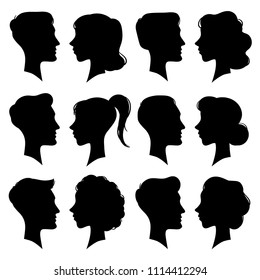 Female And Male Faces Silhouettes In Vintage Cameo Style. Retro Woman And Man Face Profile Portrait Head Black Silhouette Icon. People Pony Tail Girl And Boy Couple Vector Icons Isolated Symbol Set