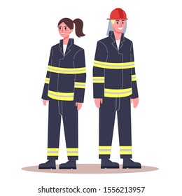 Female and male firefighter. Fireman and firewoman in uniform with equipment: extinguisher, helmet and other. Modern profession for woman and man. Flat vector illustration