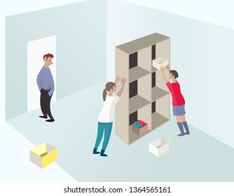 Female and male, furniture, empty boxes in the room. Set of characters in perspective view. Office accommodation, post, delivery service logistics concept design elements. Colorful signs. Vector