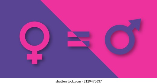 Female And Male Gender Signs On Purple And Pink Background. Vector Paper Cut Illustration. Concept Relationship Between Men And Women. The Concept Of Gender Equality