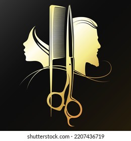 Perfil de oro femenino y masculino con herramienta de peluquería. Tijeras y símbolo de oro de peine para salón de belleza y peluquería