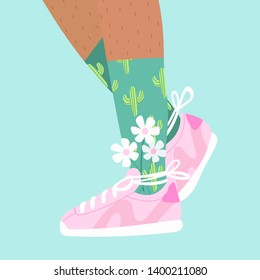 Female or male hairy legs in the sneakers. Cool pink sport footwear with flowers. High green socks with cactus print. Hand drawn vector colored trendy fashion illustration. Flat design