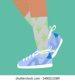 Female or male hairy legs in the sneakers. Cool blue sport footwear. High gray socks with cactus print. Hand drawn vector colored trendy fashion illustration. Flat design