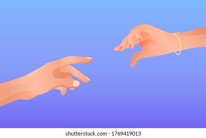 Female and male hand drawn to each other. Romantic love relations friendly communication guy and girl meet after long separation symbol of hope and restoration past cartoony vector ties.