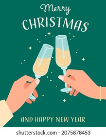 Female and male hand with a glass of champagne. Merry Christmas and Happy New Year. Vector illustration.