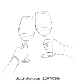 Female and male hand hold glasses clinking. The concept of celebration, happiness and fun. For design, banquets, weddings, advertising. Editable vector illustration