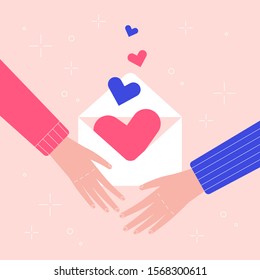 Female and male hand hold letter with flying hearts. Modern flat сoncept for lovers day, valentines day. Cute hand drawing postcard on a pink background. Vector illustration in cartoon style.
