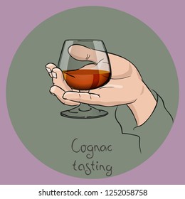 Female or male hand holding a cognac glass. cognac/brandy tasting. Vector drawing.