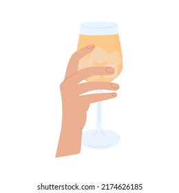 Mano masculina o femenina sosteniendo un vaso de cóctel con hielo. Vino con alcohol o cerveza. aperitivo de verano, bebida alcohólica. Ilustración gráfica gráfica plana vectorial aislada en fondo blanco