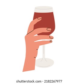 Female or male hand holding glass of red wine. Wineglass with cocktail or craft stout beer. Alcohol drink. Summer aperitif. Alcoholic beverage. Flat vector illustration isolated on white background.