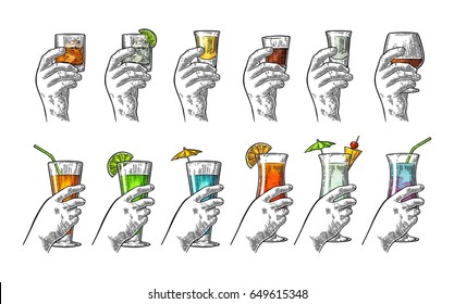 Female and male hand holding a glass with tequila, vodka, rum, cognac, whiskey, gin, cocktail. Vintage vector color engraving illustration for poster, invitation to party. Isolated on white background