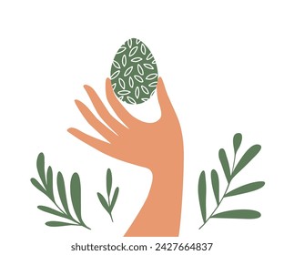 Female or male hand holding green painted Easter egg. Happy Easter holiday design greeting card. Egg hunt vector illustration. Isolated design element, festive postcard, poster, nature leaf pattern