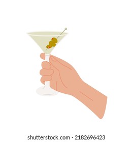 Female or male hand holding martini glass with classic cocktail garnished with green olives. Glass with alcohol drink. Summer aperitif, alcoholic beverage. Flat vector illustration isolated on white.