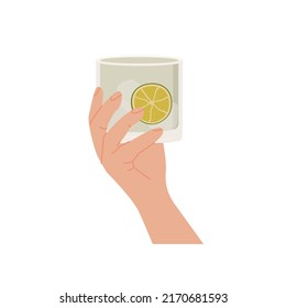 Female or male hand holding rocks glass with classic gin tonic cocktail. Old fashioned glass with alcohol drink garnished with slice of lime and rosemary. Summer aperitif beverage. Vector illustration