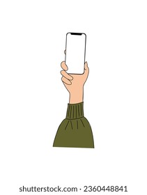 Female or male Hand raising up, holding mobile phone, showing, presenting something on smartphone screen. Empty screen, phone mockup. Flat vector illustration isolated on white background