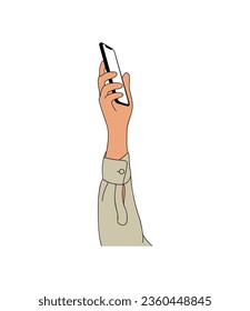 Female or male Hand raising up, holding mobile phone, showing, presenting something on smartphone screen. Empty screen, phone mockup. Flat vector illustration isolated on white background
