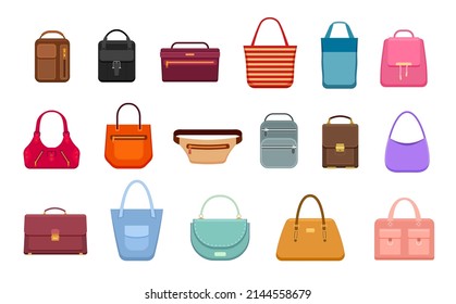 Female and male handbags. Flat handbag for man and woman, fabric leather purse. Travel bags, luxury tiny and vintage suitcase, exact vector fashion icons