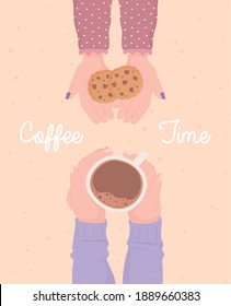 female and male hands with coffee cup, fresh hot beverage coffee time vector illustration
