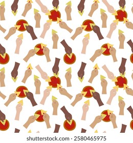 Female and Male hands different nationalities dip nacho in salsa sauce gravy boat Seamless Pattern