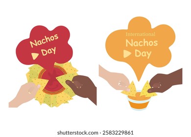 Female and Male hands dip nacho in cheese sauce or salsa sauce gravy boat. Nacho Day design idea Set