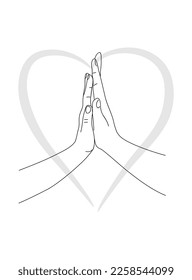 Female and male hands are folded in prayer pose with heart shape on the background. Love, relationship, charity, prayers concept. Modern line art black and white drawing vector illustration isolated.