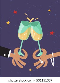 Female and male hands holding and clicking with two glasses of champagne. Cheers. Party celebration. Vector illustration in the vintage comic style.