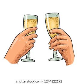 Female and male hands holding and clinking two glasses champagne. Vintage color vector engraving illustration for web, poster, invitation to party. Hand drawn design element isolated on white