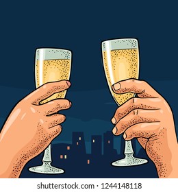 Female and male hands holding and clinking two glasses champagne. Vintage color vector engraving illustration. Hand drawn design element on night city and sky. For web, poster, greeting card