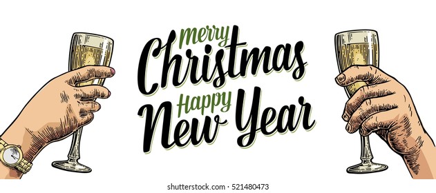 Female and male hands holding and clinking with two glasses champagne. Merry Christmas Happy New Year lettering. Vintage vector color engraving illustration isolated on white background
