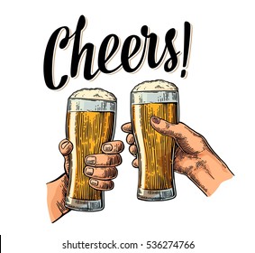 Female and male hands holding and clinking with two glasses beer. Cheers toast lettering. Vintage vector color engraving illustration for web, poster, invitation to party. Isolated on white background