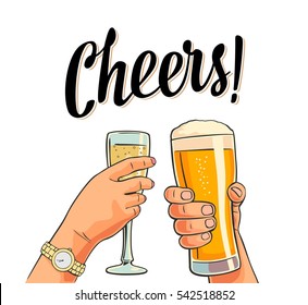 Female And Male Hands Holding And Clinking Two Glasses With Beer And Champagne. Cheers Toast Lettering. Vintage Vector Color Flat Illustration For Invitation To Party. Isolated On White Background