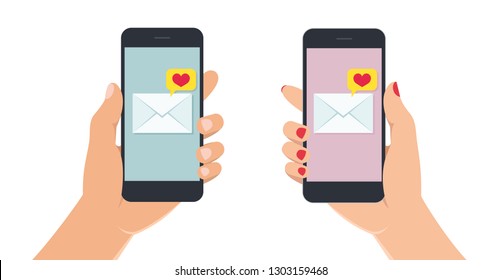 Female and male hands holding smartphone with love message on screen. Hand with mobile phone on white background. Vector illustration