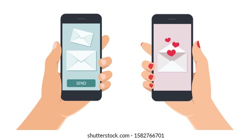 Female and male hands holding smartphone with love message on screen. Hand with mobile phone on white background. Vector illustration