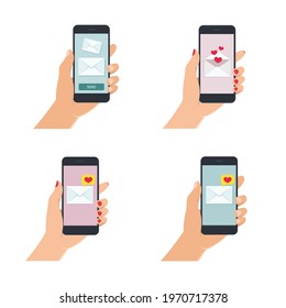 Female and male hands holding smartphone with love message on screen. Hand with mobile phone on white background. Vector illustration