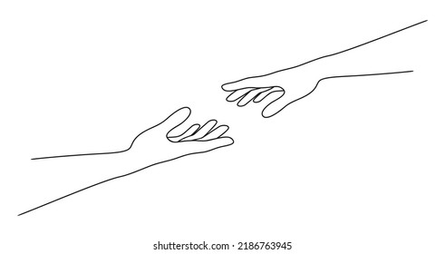 Female and male hands reaching for each other. A woman giving a hand to a man. Vector illustration in minimalist line art style