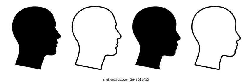 Female and male head silhouette. Human heads side view face. Man and woman avatar, anonymous profile line and outline minimal black icon. Isolated vector person simple user symbols.