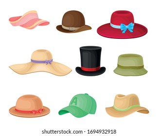 Female and Male Headwear or Headdress with Wide Brims Vector Set