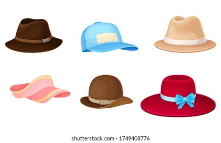 Female and Male Headwear or Headdress with Wide Brims Vector Set