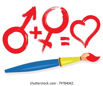 Female, male, heart symbols and paintbrush. Abstract love concept illustration.