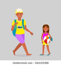 Female and Male Holidaymakers Cartoon Characters. Tourist with Backpack, Camera Vector Drawing. Teenage Girl with Beach Ball Flat Clipart. Father with Daughter Isolated Illustrations Set