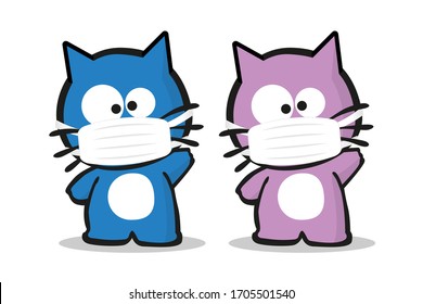 Female and male kitten characters with medical mask. Vector illustration on white background