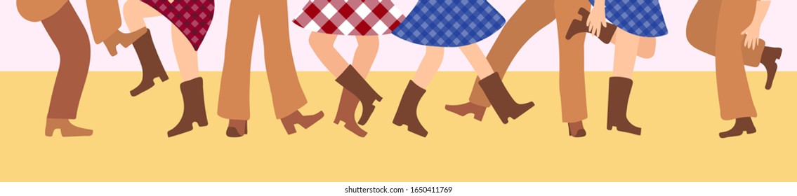 Las piernas masculinas y femeninas en botas de vaquero se tejen en un piso plano. Ilustración vectorial de un banner horizontal con tijeras al estilo americano. Danza occidental de personas en la tradición