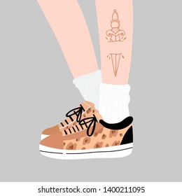 Female or male legs with dagger tattoo in the sneakers. Leopard print sport footwear. Cool stylish shoes. High white socks. Hand drawn vector colored trendy fashion illustration. Flat design