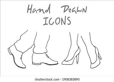 female and male legs opposite each other. vector hand drawn sketch illustration of woman and man dancers feet.