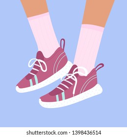 Female or male legs in the sneakers. Cool bright sport footwear. Stylish running comfortable shoes. High pink socks. Hand drawn vector colored trendy fashion illustration. Flat design