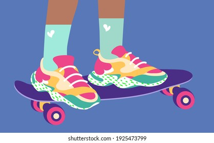 Piernas hembras o machos en las zapatillas de patinaje. Calcetines de menta alta con huella cardíaca.  Ilustración de moda de color vectorial dibujada a mano. Estilo de la caricatura