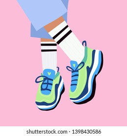 Female or male legs in the sneakers and short pants. Cool bright sport footwear. Ugly stylish platform shoes. High white socks. Hand drawn vector colored trendy fashion illustration. Flat design