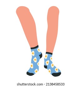 Female or male legs in stylish blue socks. Underwear with trendy, colorful egg prints. Footwear, cotton socks. Fashion accessories for everyday wearing. Isolated vector illustration
