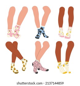 Female or male legs in stylish  socks set. Underwear with trendy, colorful prints. Footwear, cotton socks collection. Fashion accessories for everyday wearing. Isolated vector illustration