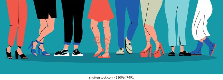 Female and male legs wearing trendy shoes on color background flat vector illustration